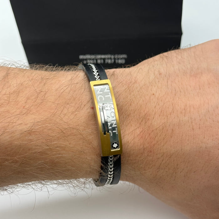 Montblanc Black Leather Bracelet with Gold & Steel Logo Plate