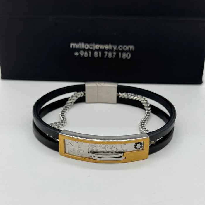 Montblanc Black Leather Bracelet with Gold & Steel Logo Plate