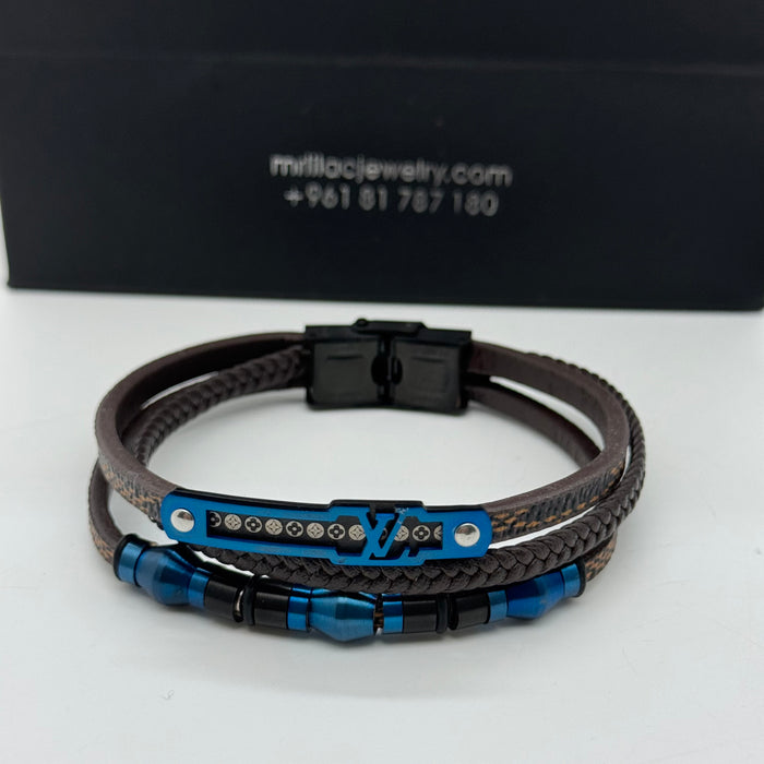Louis Vuitton-Inspired Blue Accent Leather Bracelet – Multi-Strand Design
