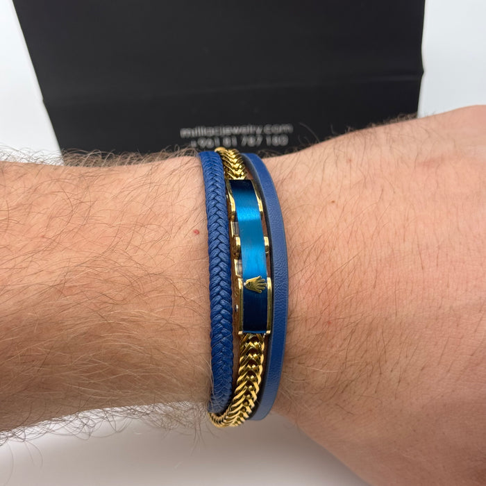 Rolex-Inspired Blue & Gold Leather Bracelet – Triple Layer Design