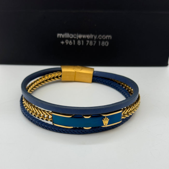 Rolex-Inspired Blue & Gold Leather Bracelet – Triple Layer Design