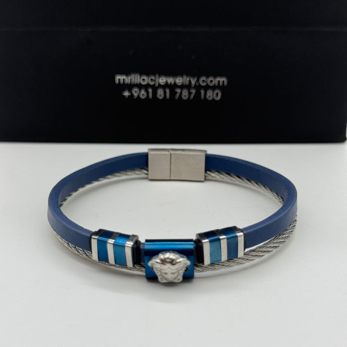 Versace-Inspired Blue Leather & Steel Bracelet – Medusa Charm Edition
