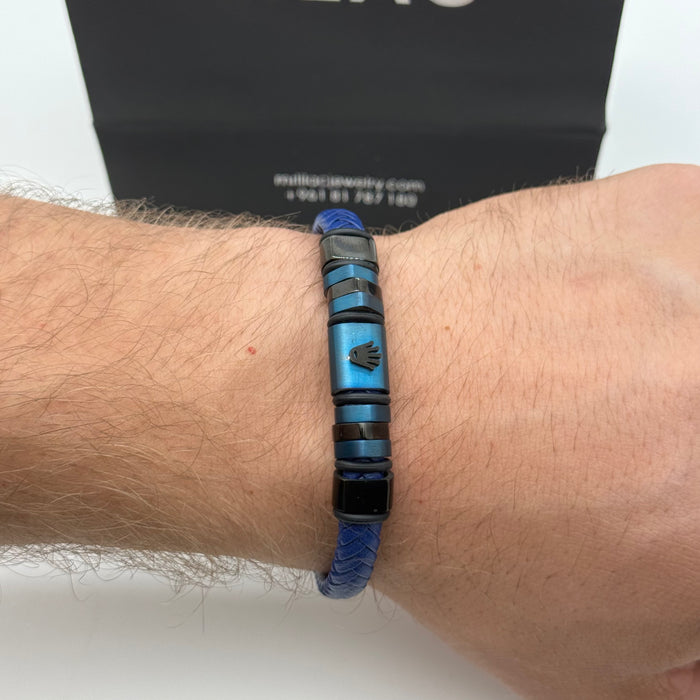 Rolex-Inspired Blue Braided Leather Bracelet – Black Steel Crown Detail
