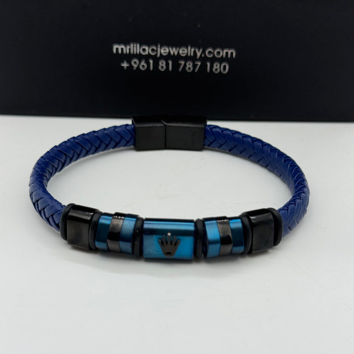 Rolex-Inspired Blue Braided Leather Bracelet – Black Steel Crown Detail