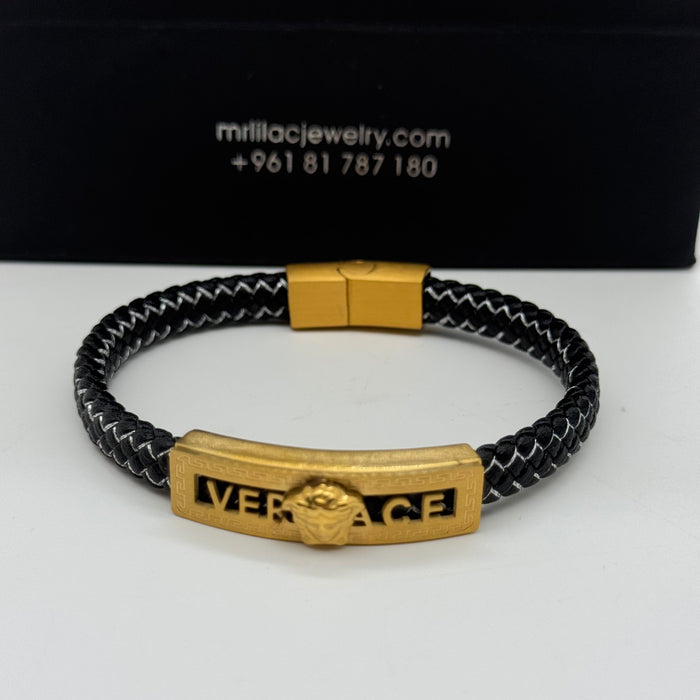 Versace-Inspired Black & Gold Bracelet – Medusa Signature Plate