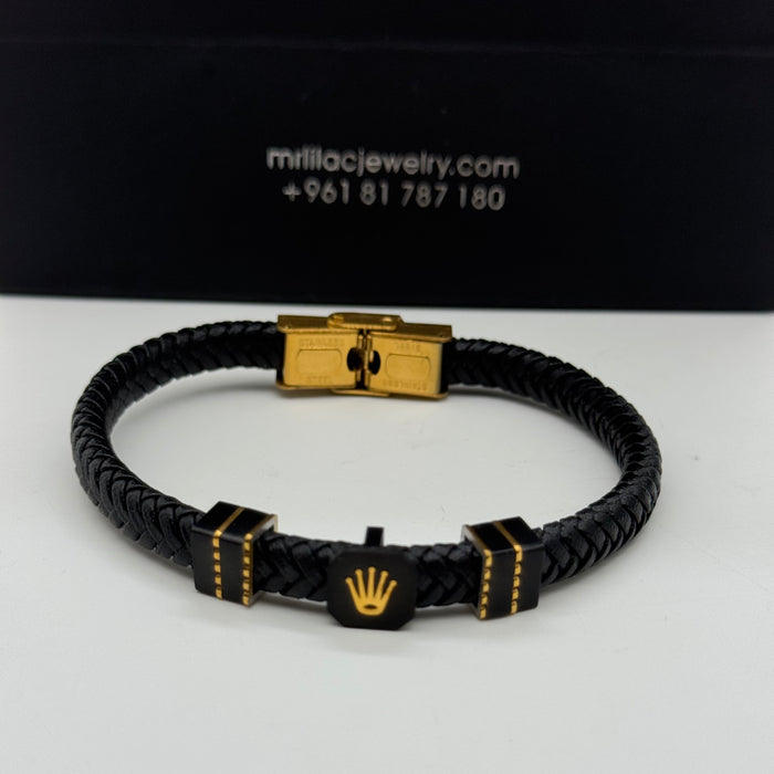 Rolex-Inspired Black Braided Leather Bracelet – Gold Crown Edition