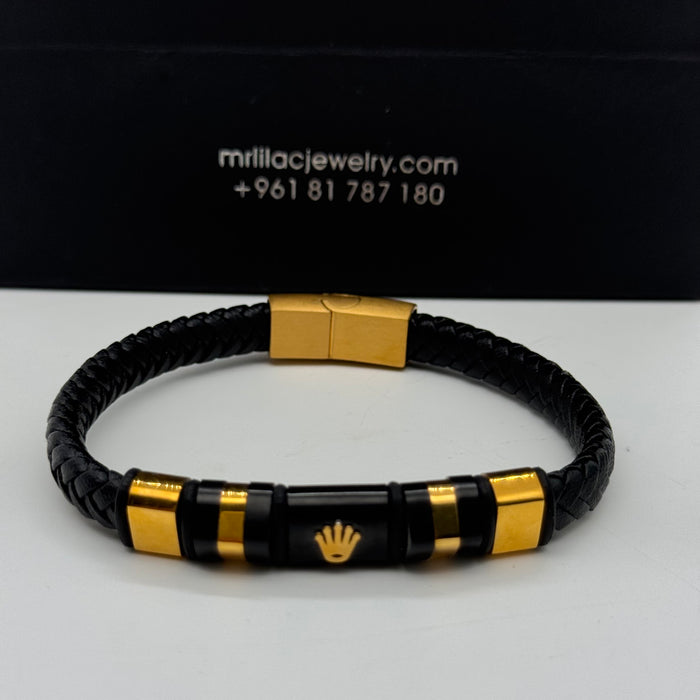 Rolex-Inspired Black & Gold Bracelet – Braided Leather Edition