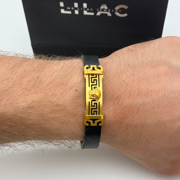 Versace-Inspired Black Leather Bracelet – Medusa & Greek Key Design