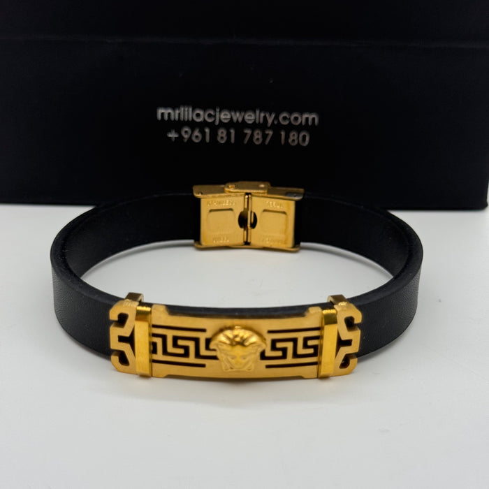 Versace-Inspired Black Leather Bracelet – Medusa & Greek Key Design