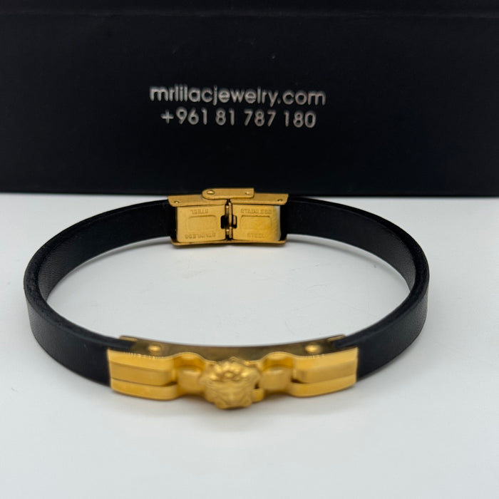Versace-Inspired Black Leather Bracelet – Gold Medusa Emblem