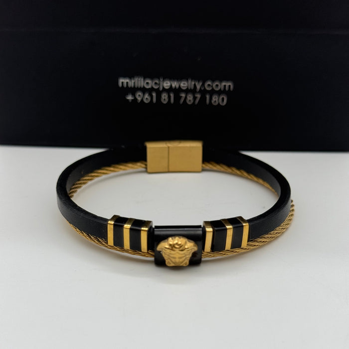 Versace-Inspired Black Leather & Gold Cable Bracelet – Medusa Charm