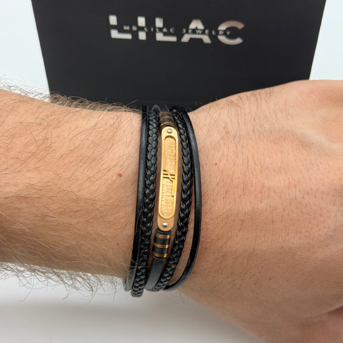 Men’s Multi-Layer Black Leather Bracelet – Gold Engraved Plate Detail