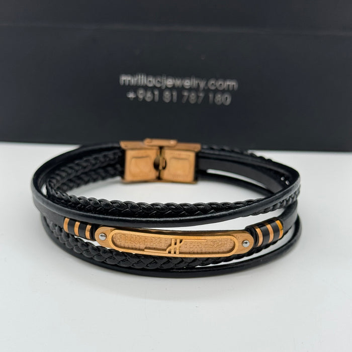 Men’s Multi-Layer Black Leather Bracelet – Gold Engraved Plate Detail