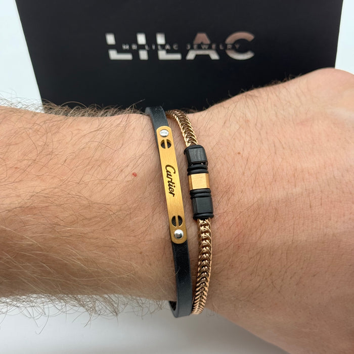 Cartier-Inspired Black Leather & Rose Gold Chain Bracelet