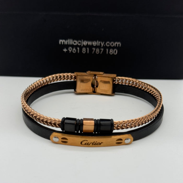 Cartier-Inspired Black Leather & Rose Gold Chain Bracelet
