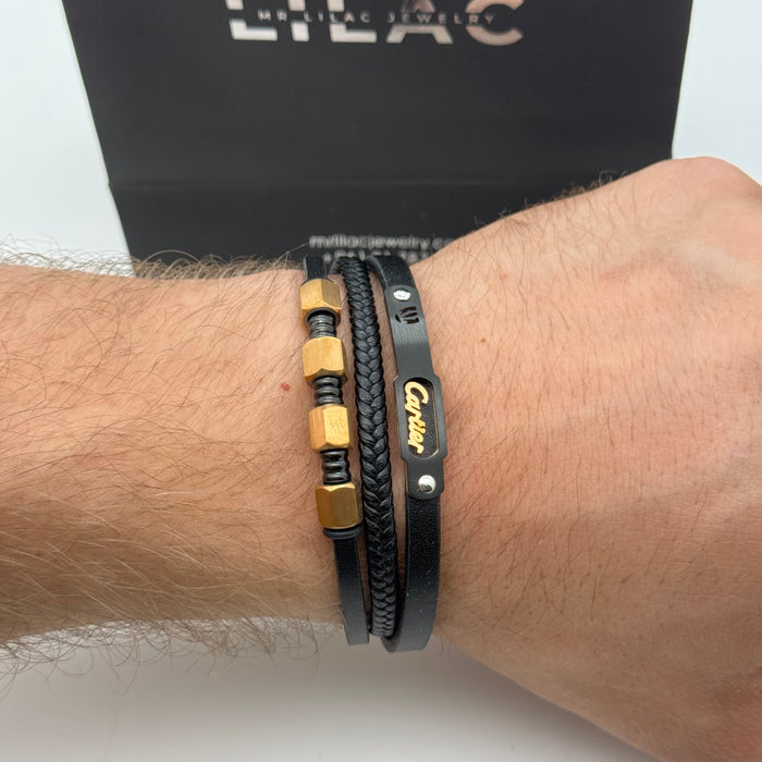 Cartier-Inspired Black Leather Bracelet – Triple Layer with Gold Accents