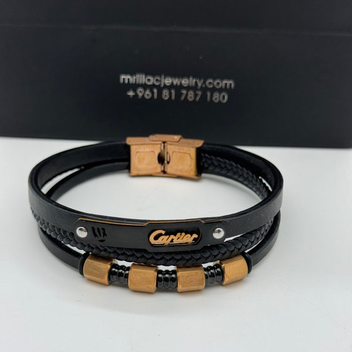 Cartier-Inspired Black Leather Bracelet – Triple Layer with Gold Accents