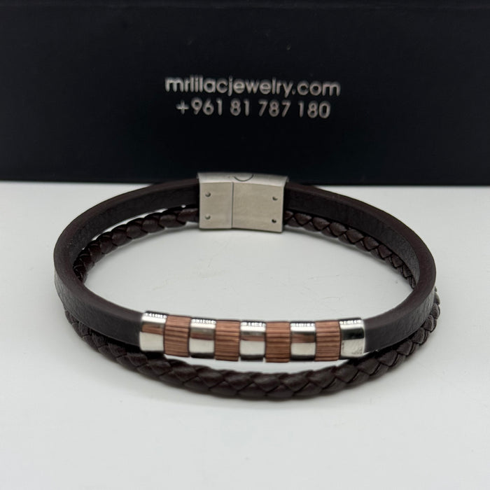 Men’s Brown Leather Bracelet – Braided Duo with Steel & Copper Accents