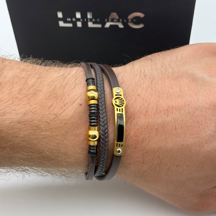 Rolex-Inspired Brown Leather Bracelet – Triple Layer with Gold Accents