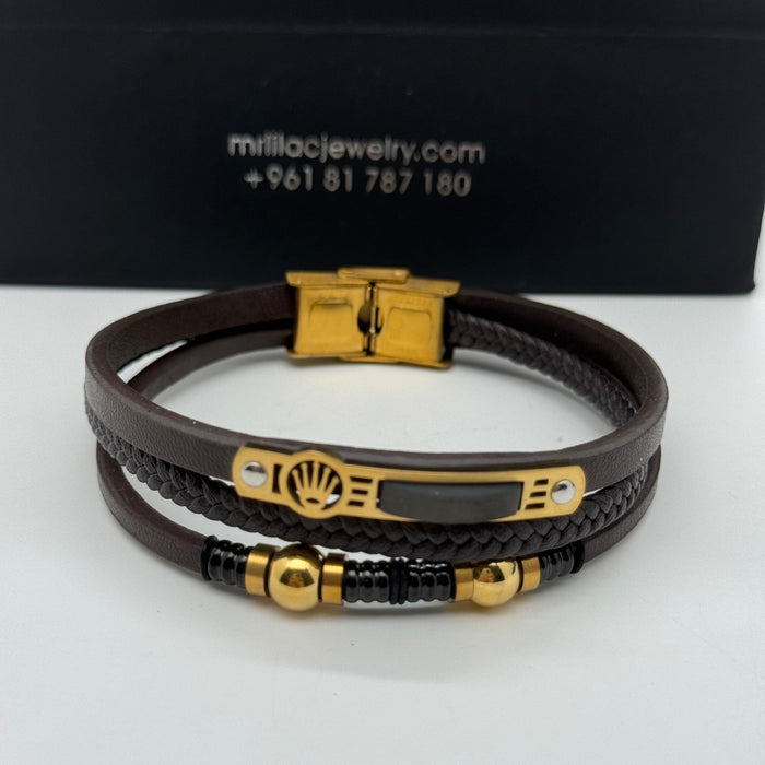 Rolex-Inspired Brown Leather Bracelet – Triple Layer with Gold Accents