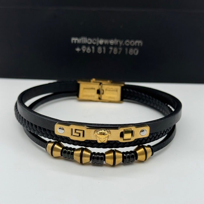 Versace-Inspired Black Leather Bracelet – Triple Layer with Gold Medusa Detail