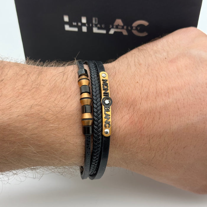 Montblanc-Inspired Black Leather Bracelet – Bronze Logo & Bead Accents