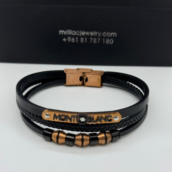 Montblanc-Inspired Black Leather Bracelet – Bronze Logo & Bead Accents