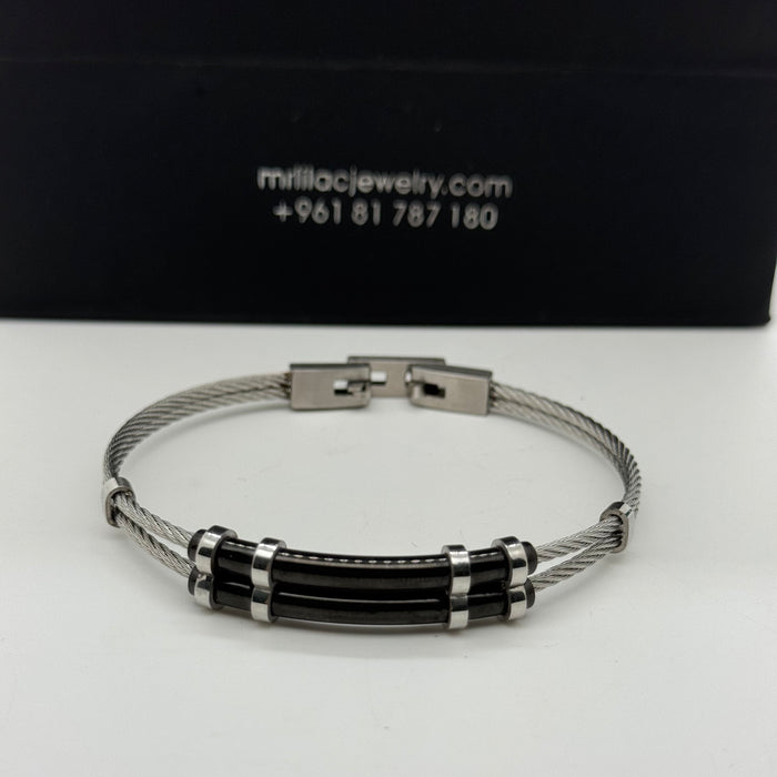 Men’s Steel Cable Bracelet – Industrial Black & Silver Accent Design