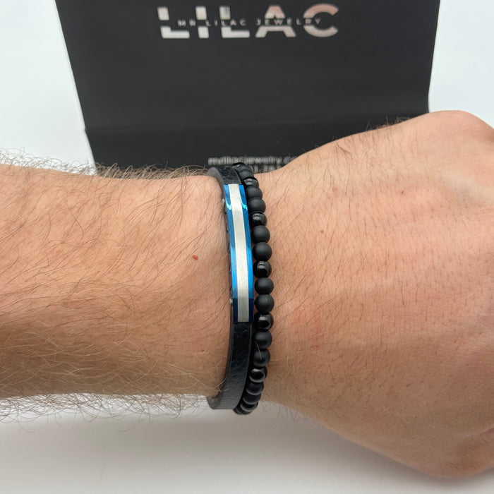 Men’s Black Leather & Bead Bracelet – Blue Steel Plate Accent