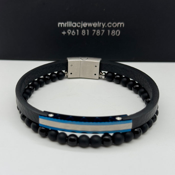 Men’s Black Leather & Bead Bracelet – Blue Steel Plate Accent