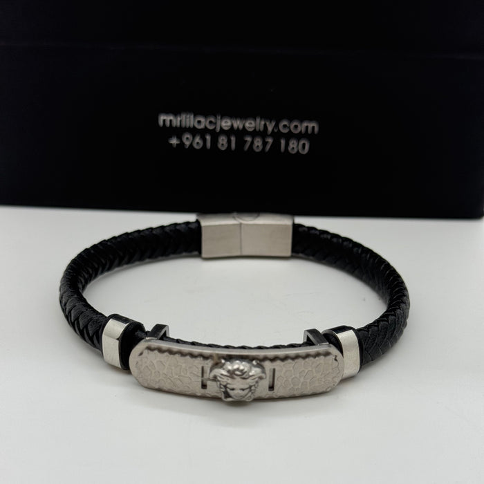 Men’s Black Braided Leather Bracelet – Silver Medusa Plate
