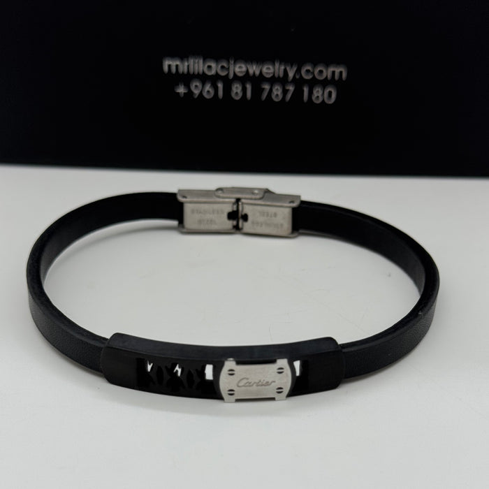 Cartier-Inspired Black Leather Bracelet – Silver Cut-Out Plate