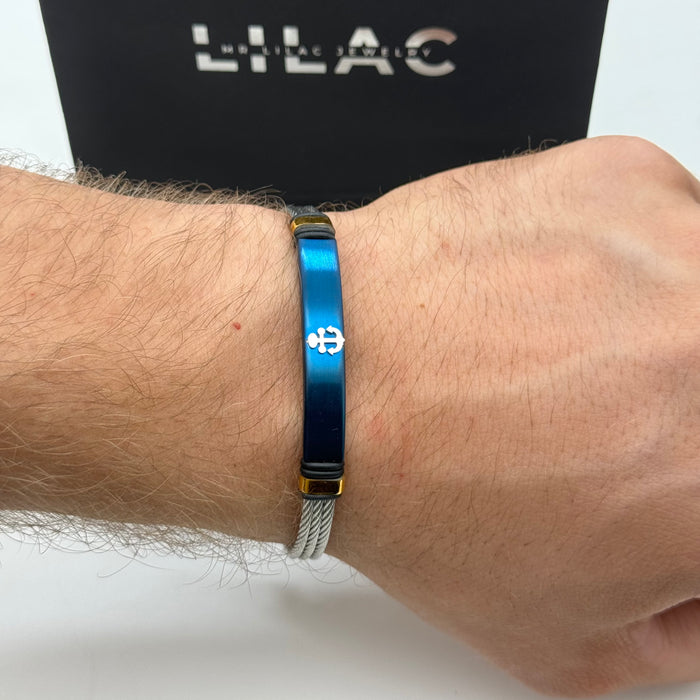 Nautical Steel Cable Bracelet with Blue Anchor Plate
