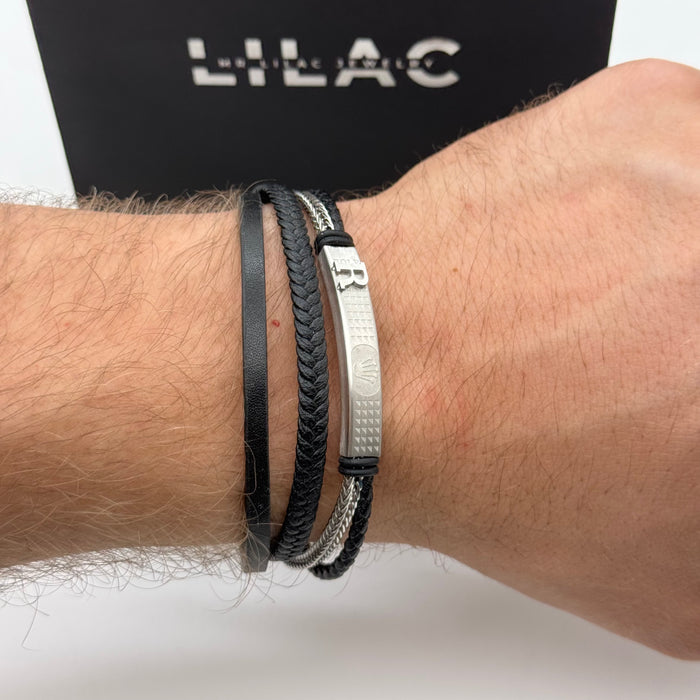 Rolex-Inspired Triple Strand Leather & Steel Bracelet – Silver Edition