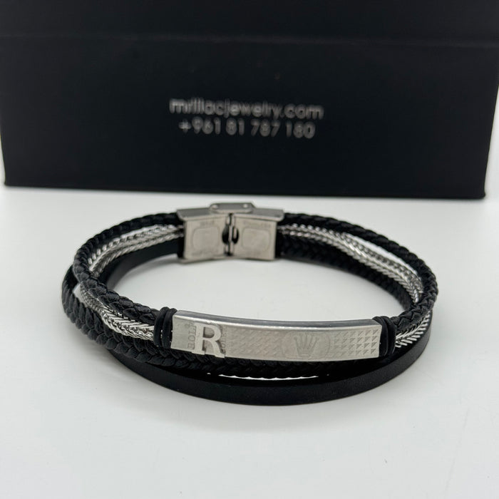 Rolex-Inspired Triple Strand Leather & Steel Bracelet – Silver Edition
