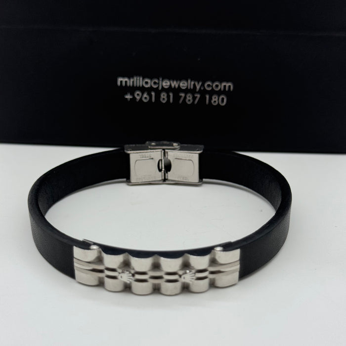 Black Leather Bracelet with Polished Steel Link Accent
