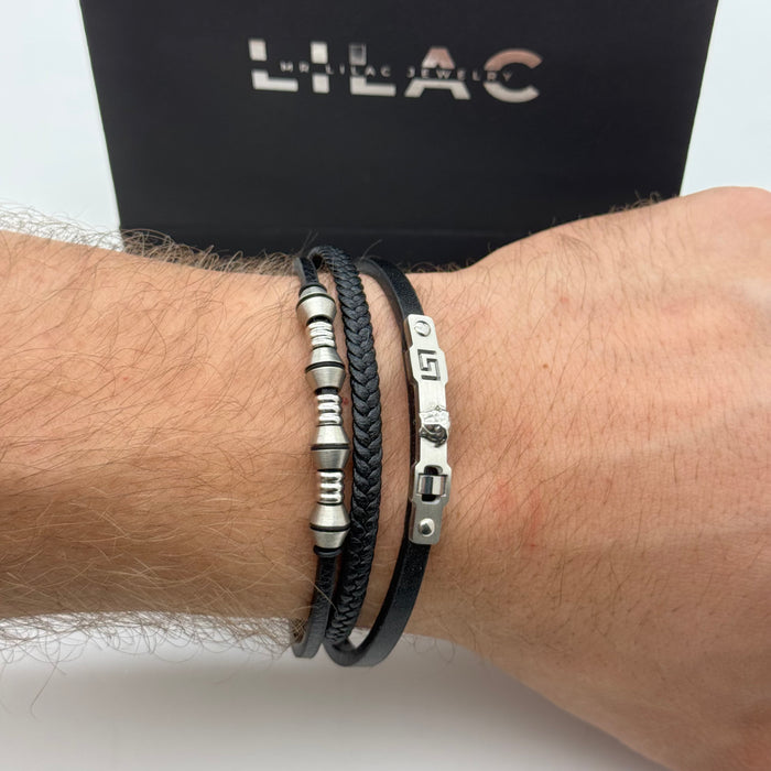 Black Triple-Layer Leather Bracelet with Silver Versace-Inspired Accents