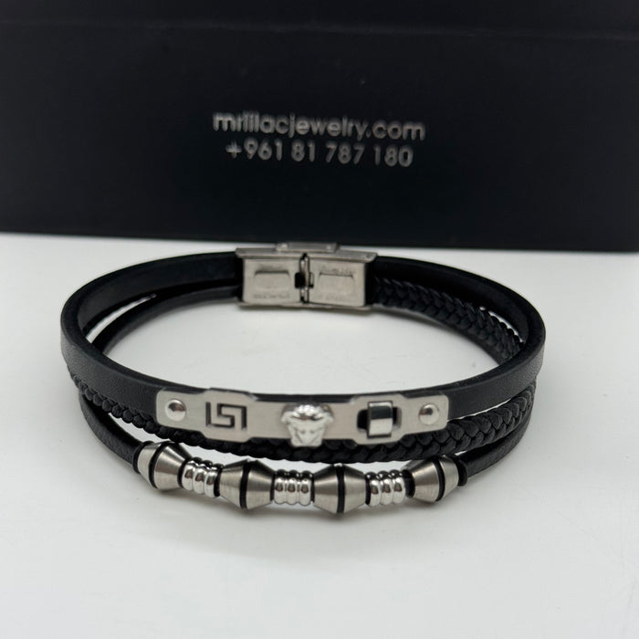 Black Triple-Layer Leather Bracelet with Silver Versace-Inspired Accents