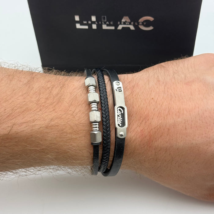 Cartier-Inspired Triple Black Leather Bracelet with Hexagonal Beads