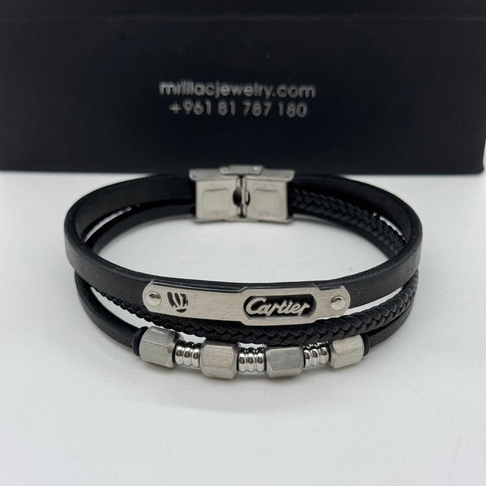 Cartier-Inspired Triple Black Leather Bracelet with Hexagonal Beads