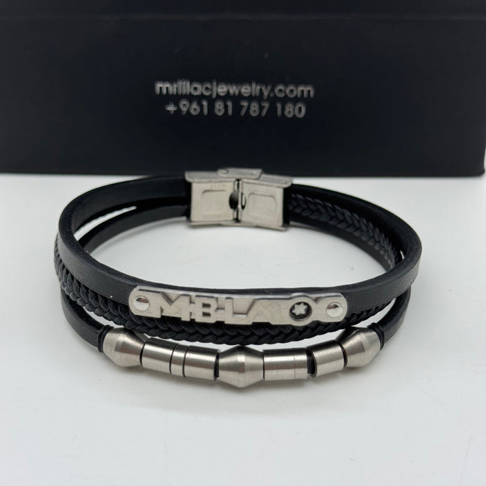 Montblanc-Inspired Triple Black Leather Bracelet with Steel Beads