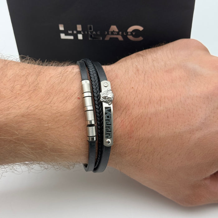 Versace-Inspired Black Leather Bracelet with Silver Lion Emblem