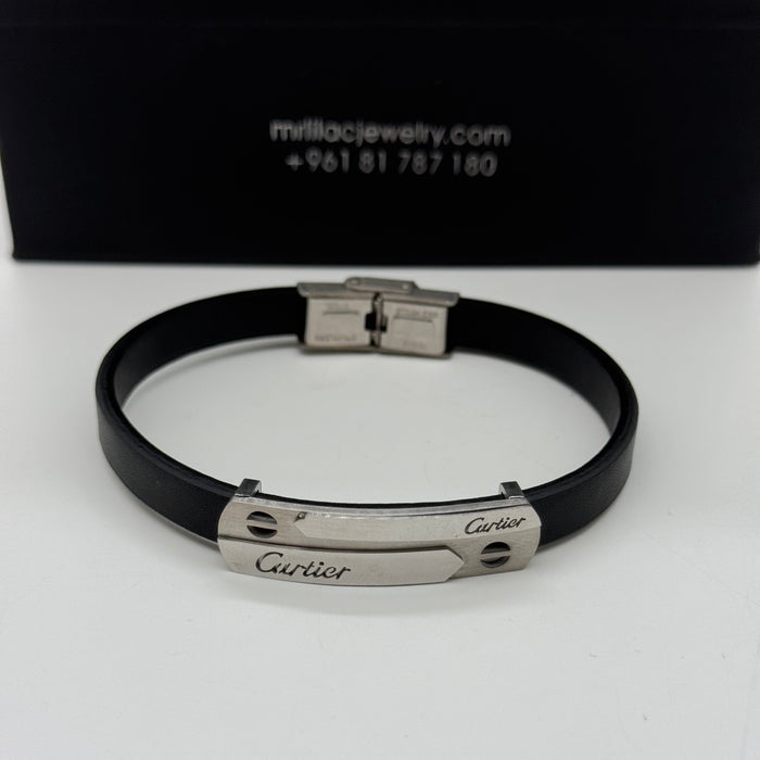Cartier-Inspired Black Leather Bracelet with Steel Plate