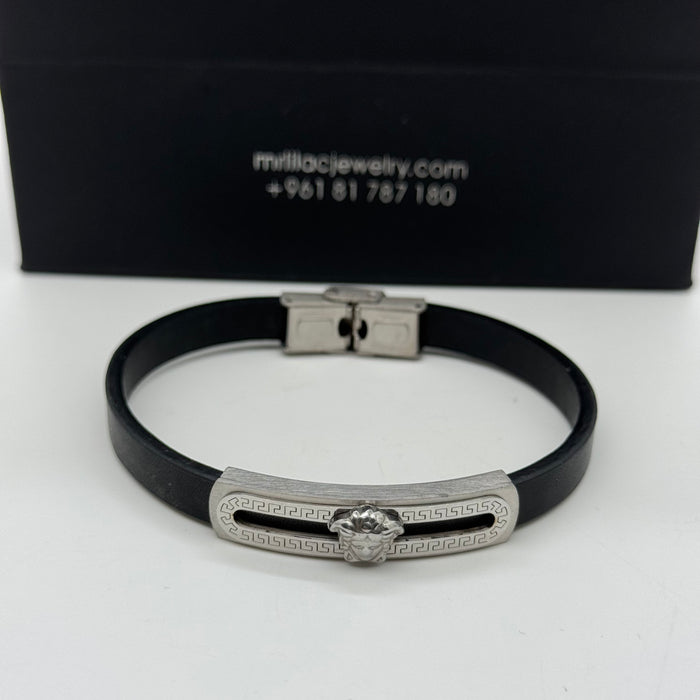 Versace-Inspired Black Leather Bracelet with Medusa Head