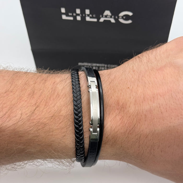 Black Leather Dual Strap Men's Bracelet with Stainless Steel Bar
