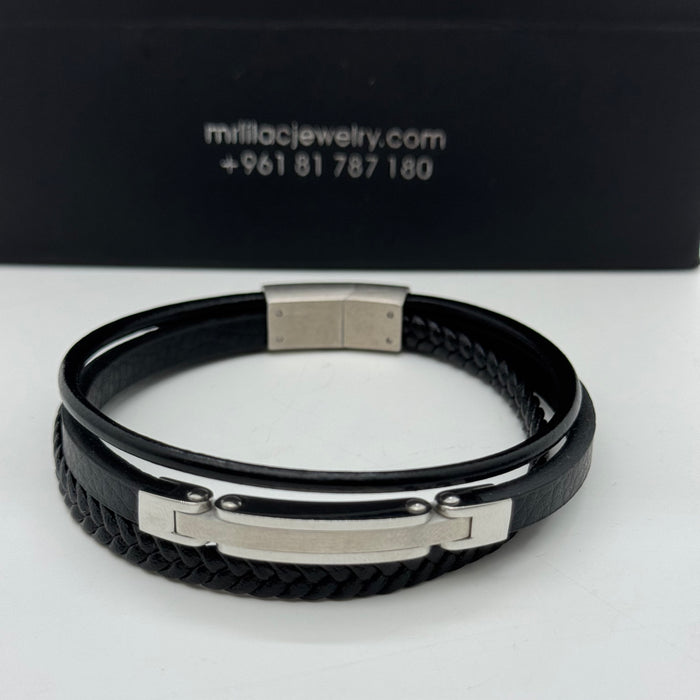 Black Leather Dual Strap Men's Bracelet with Stainless Steel Bar