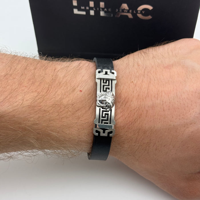 Greek Key Lion Head Men's Leather Bracelet