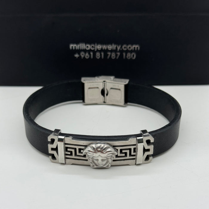 Greek Key Lion Head Men's Leather Bracelet