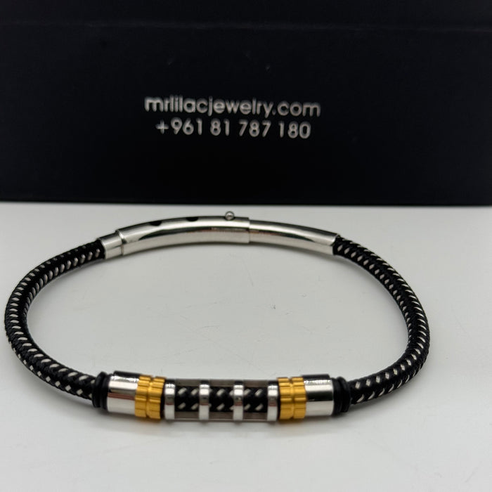 Triple-Layer Men's Bracelet – Black Beads, Steel Chain & Bar Detail