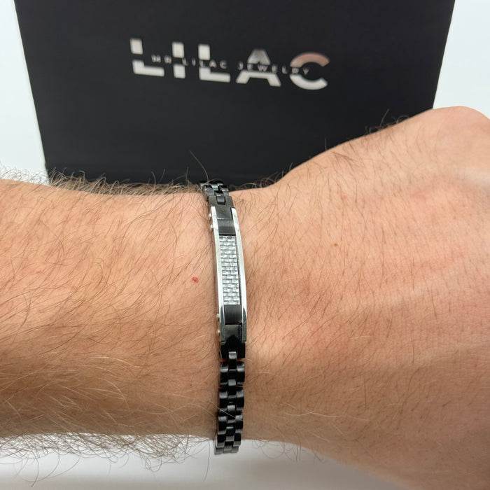 Men’s Two-Tone Chain Bracelet with Textured Steel Plate